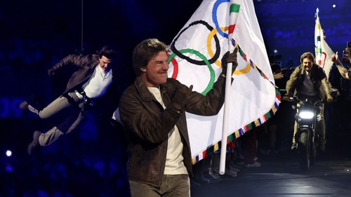 Tom Cruise xuất hiện cực ngầu trong lễ bế mạc Paris 2024 với mô tô chở lá cờ Olympic như trong phim