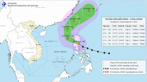 Dự báo ngày 10/11, bão FUNG-WONG giảm cường độ đi vào khu vực Bắc Biển Đông