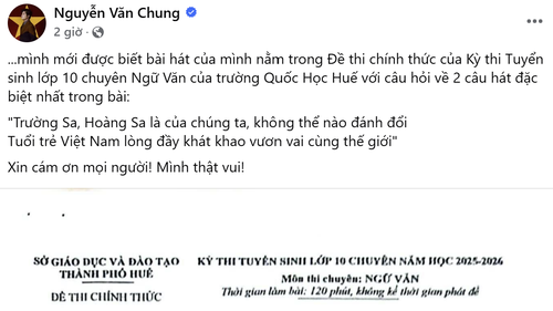 Lời ca khúc của nhạc sĩ Nguyễn Văn Chung vào đề thi Ngữ văn lớp 10 chuyên Quốc Học Huế
