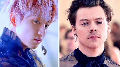 Thần thái ‘một trời một vực’ khi Jungkook BTS và Harry Styles cùng mặc váy xuyên thấu