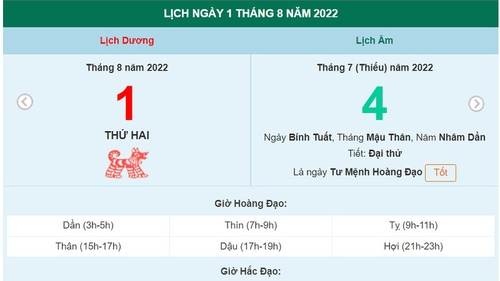 Lịch âm 1/8, âm lịch hôm nay thứ Hai ngày 1/8/2022 ngày tốt hay xấu?