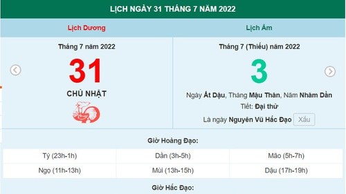 Xem lịch ngày 31 tháng 7 năm 2022 là ngày tốt hay xấu?