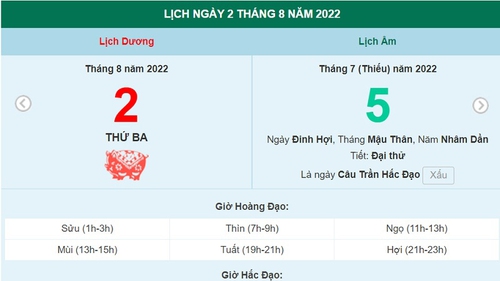 Xem lịch ngày 2 tháng 8 năm 2022 là ngày tốt hay xấu?