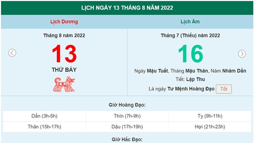 Lịch âm 13/8, xem lịch thứ Bảy ngày 13 tháng 8 năm 2022 là ngày tốt hay xấu?