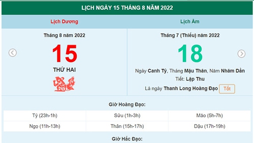 Lịch âm 15/8, xem lịch thứ Hai ngày 15 tháng 8 năm 2022 là ngày tốt hay xấu?