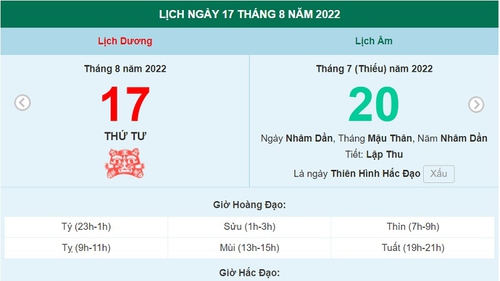 Lịch âm 17/8, xem lịch thứ Tư ngày 17 tháng 8 năm 2022 là ngày tốt hay xấu?