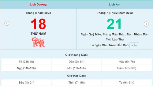 Lịch âm 18/8, xem lịch thứ Năm ngày 18 tháng 8 năm 2022 là ngày tốt hay xấu?