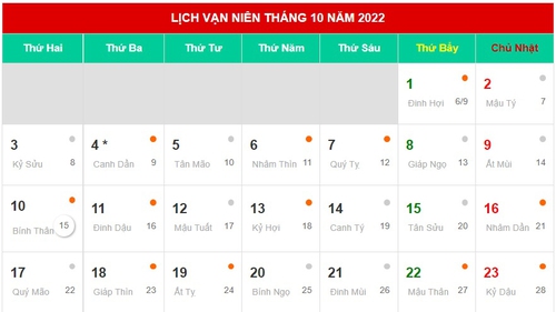 Tổng hợp ngày tốt ngày hoàng đạo tháng 10 Dương lịch năm 2022 (tháng 9 Âm lịch)