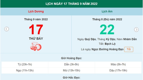 Lịch âm 17/9, xem lịch thứ Bảy ngày 17 tháng 9 năm 2022 là ngày tốt hay xấu?