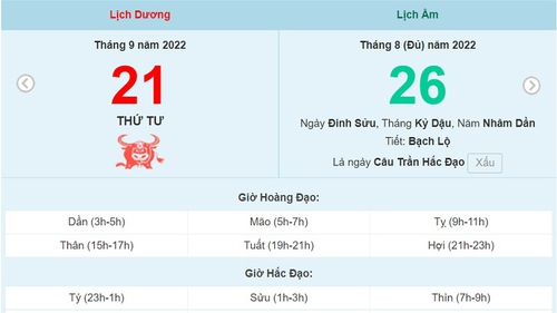 Lịch âm 21/9, xem lịch thứ Tư ngày 21 tháng 9 năm 2022 là ngày tốt hay xấu?