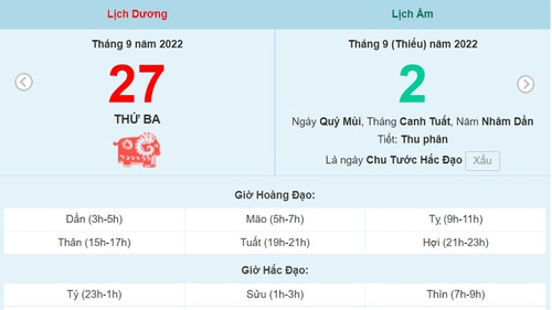 Lịch âm 27/9, xem lịch thứ Ba ngày 27 tháng 9 năm 2022 là ngày tốt hay xấu?