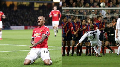 Cú đá phạt của Ashley Young giống hệt tuyệt phẩm của Beckham vào lưới Barca