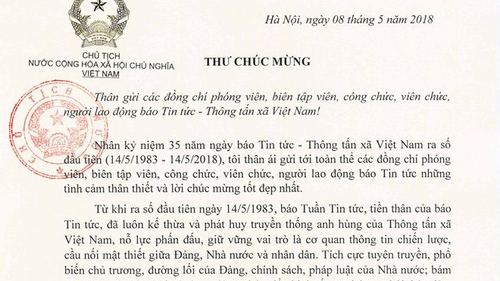 Báo Tin tức đón nhận Thư chúc mừng của Chủ tịch nước nhân dịp tròn 35 tuổi