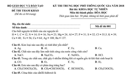 Kỳ thi THPT Quốc gia năm 2018: Đề thi và đáp án môn Hóa học