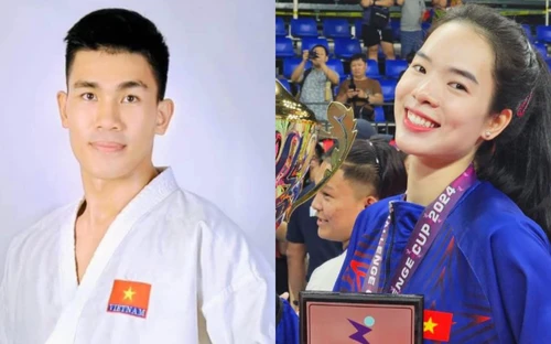 Lê Thanh Thúy và Lê Minh Thuận cầm cờ cho Đoàn Thể thao Việt Nam tại SEA Games 33