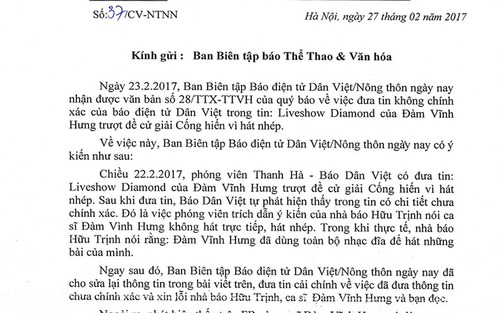 Báo Dân Việt cáo lỗi nhà báo Hữu Trịnh và BTC giải Cống hiến