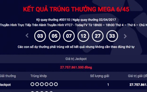 Vietlott ngày 2/4: Một người trúng gần 28 tỷ đồng