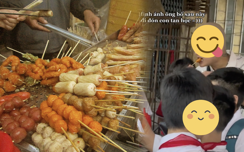 Dân mạng bật cười với ông bố trẻ: 'Trà trộn' vào nhóm học sinh, tranh thủ ăn 'ngập' xiên que trước cổng trường