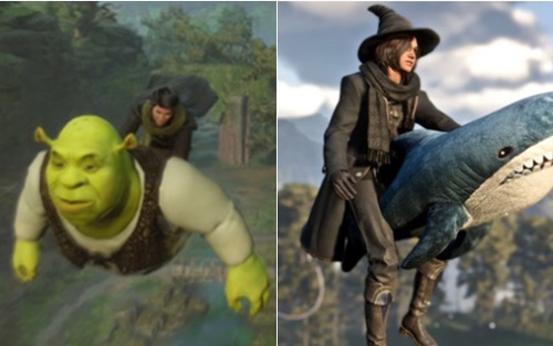Sáng tạo vô hạn như game thủ Hogwarts Legacy, cho nhân vật cưỡi cá mập, Shrek thay chổi bay