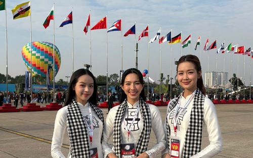 Dàn Hoa hậu Thuỳ Tiên, Bảo Ngọc, Thanh Thuỷ tại sự kiện Triển lãm Quốc phòng Quốc tế Việt Nam