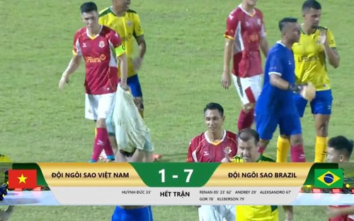 Tiến Linh kiến tạo cho Huỳnh Đức ghi bàn trong trận đấu giữa các ngôi sao Việt Nam và những huyền thoại Brazil