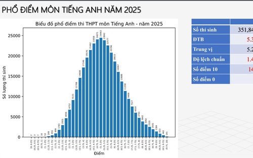 Phổ điểm thi tốt nghiệp THPT 2025: Hơn 38% thí sinh có điểm dưới trung bình môn Tiếng Anh