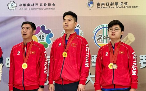Bắn súng Việt Nam giành HCV 10m súng ngắn hơi đồng đội nam tại giải Đông Nam Á 2026
