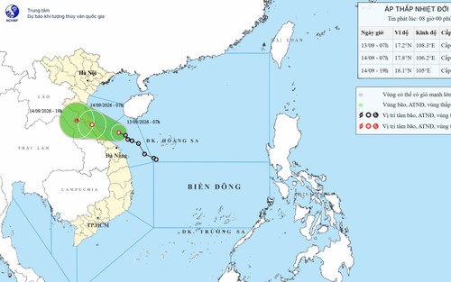 Áp thấp nhiệt đới giữ cường độ, di chuyển nhanh trên vùng biển Quảng Trị - Huế
