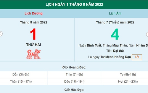 Lịch âm 1/8, âm lịch hôm nay thứ Hai ngày 1/8/2022 ngày tốt hay xấu?