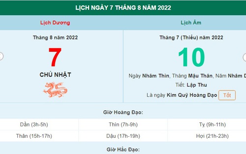 Xem lịch ngày 7 tháng 8 năm 2022 là ngày tốt hay xấu?