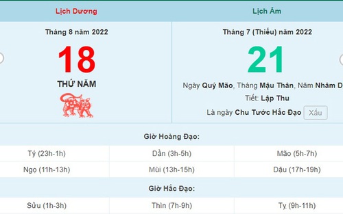 Lịch âm 18/8, xem lịch thứ Năm ngày 18 tháng 8 năm 2022 là ngày tốt hay xấu?