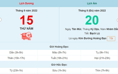 Lịch âm 15/9, xem lịch thứ Năm ngày 15 tháng 9 năm 2022 là ngày tốt hay xấu?