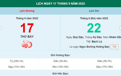 Lịch âm 17/9, xem lịch thứ Bảy ngày 17 tháng 9 năm 2022 là ngày tốt hay xấu?