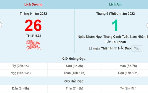 Lịch âm 26/9, xem lịch thứ Hai ngày 26 tháng 9 năm 2022 là ngày tốt hay xấu?