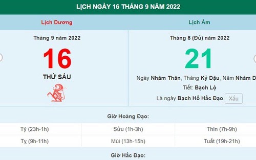 Lịch âm 16/9, xem lịch thứ Sáu ngày 16 tháng 9 năm 2022 là ngày tốt hay xấu?