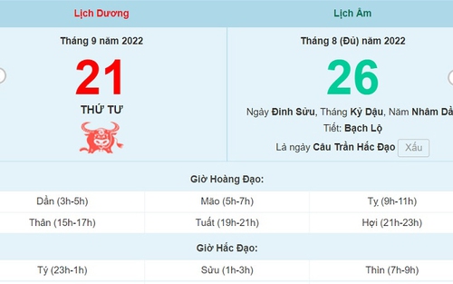 Lịch âm 21/9, xem lịch thứ Tư ngày 21 tháng 9 năm 2022 là ngày tốt hay xấu?