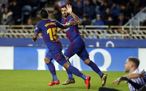 Video bàn thắng Sociedad 2-4 Barca: Tam tấu Suarez, Messi và Paulinho lại nổ súng