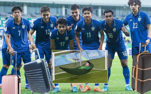 Ảnh chế: U23 Thái Lan xách vali về nước. Thủ môn Văn Chuẩn mắc võng trong khung thành