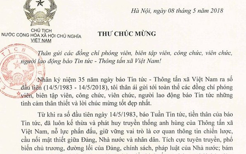 Báo Tin tức đón nhận Thư chúc mừng của Chủ tịch nước nhân dịp tròn 35 tuổi