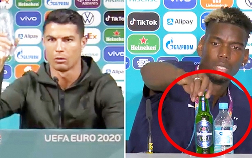 Học Ronaldo, Pogba bỏ chai Heineken khỏi bàn họp báo EURO