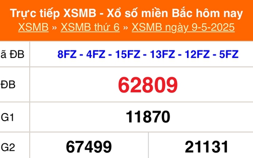 XSMB 9/5 - Kết quả Xổ số miền Bắc hôm nay 9/5/2025 - Kết quả XSMB thứ Sáu ngày 9 tháng 5