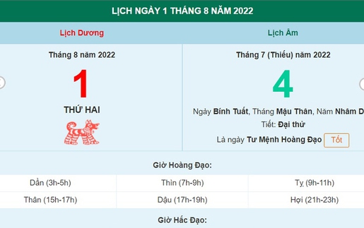 Lịch âm 1/8, âm lịch hôm nay thứ Hai ngày 1/8/2022 ngày tốt hay xấu?