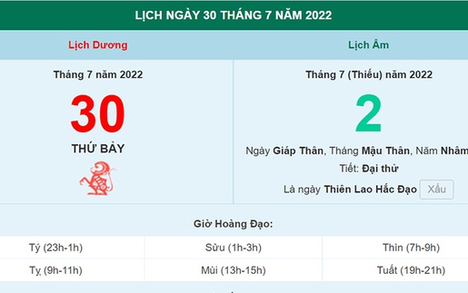 Xem ngày 30 tháng 7 năm 2022 là ngày tốt hay xấu?