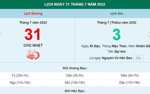 Xem lịch ngày 31 tháng 7 năm 2022 là ngày tốt hay xấu?