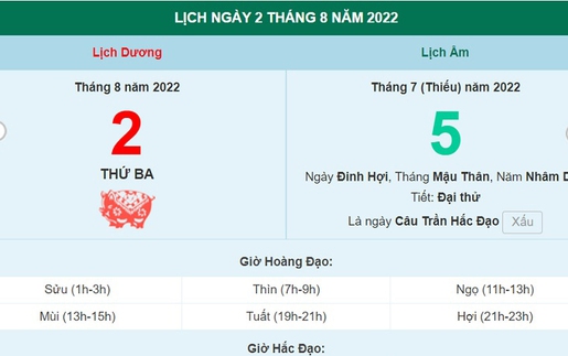 Xem lịch ngày 2 tháng 8 năm 2022 là ngày tốt hay xấu?