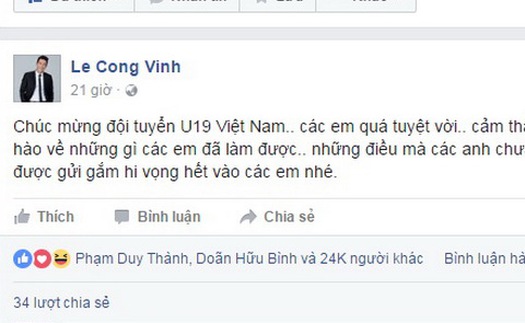 Công Vinh và HLV Henrique Calisto chúc mừng U19 Việt Nam