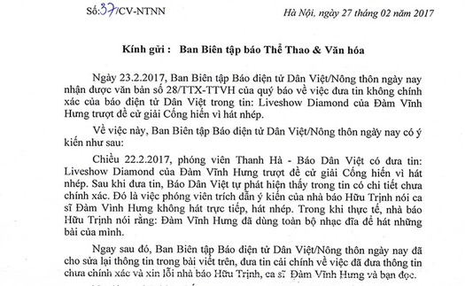 Báo Dân Việt cáo lỗi nhà báo Hữu Trịnh và BTC giải Cống hiến