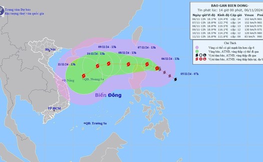 Bão YINXING giật cấp 17 đang di chuyển hướng Tây