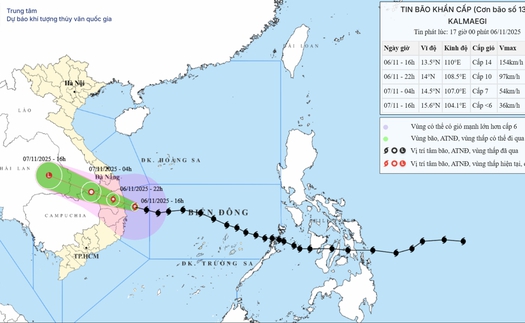 Đêm 6/11, bão số 13 đi vào đất liền khu vực từ Quảng Ngãi-Đắk Lắk và suy yếu dần