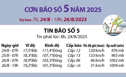 Đường đi của bão số 5 năm 2025: Dự báo từ 7h ngày 24/8 đến 19h ngày 26/8
